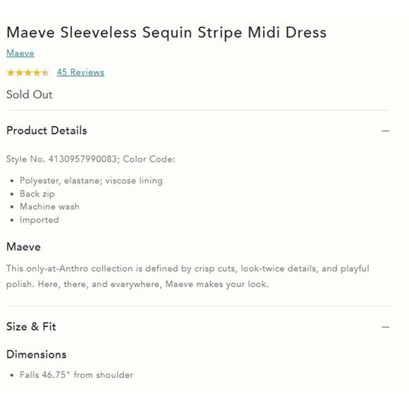 Anthropologie MAEVE Sleeveless Sequin Stripe Midi Dress in Navy Blue S NWT $178 - Picture 4 of 5